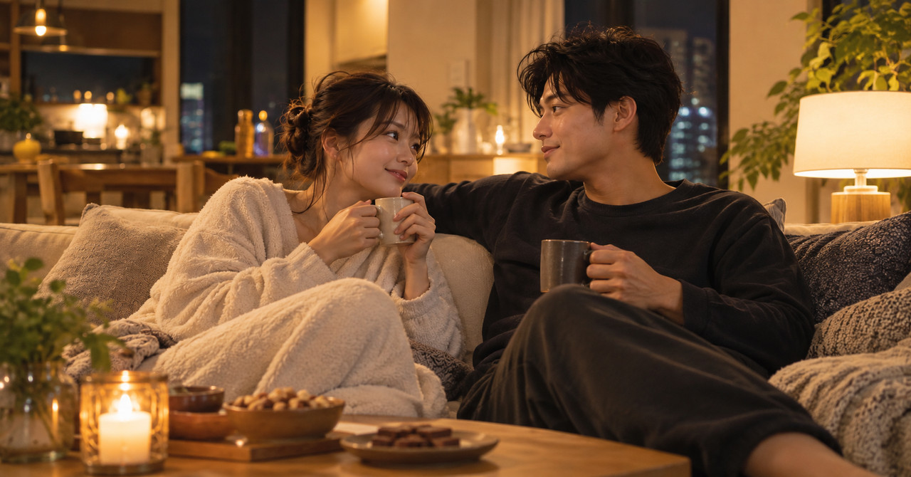 温かな部屋で飲み物を手に、穏やかに過ごす二人