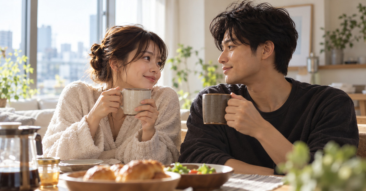 翌朝、自然光の入る部屋で飲み物を手に向き合う二人